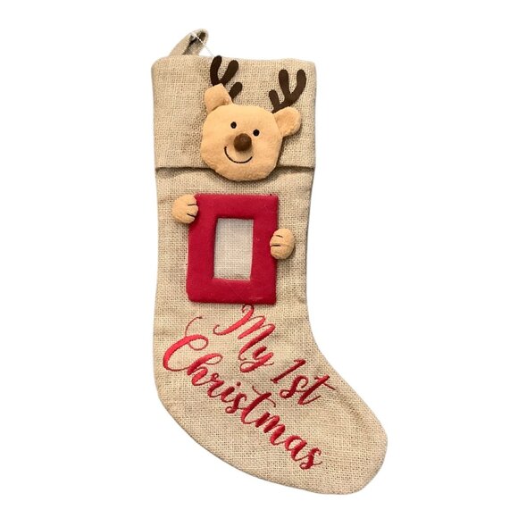 Babys First Christmas Stocking With Reindeer Design Picture Frame Embroidered - Picture 1 of 6